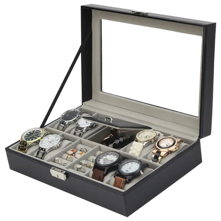 Minland Leather Storage Box Jewelry Display Package 8 Slots Watch Pack With Transparent Window