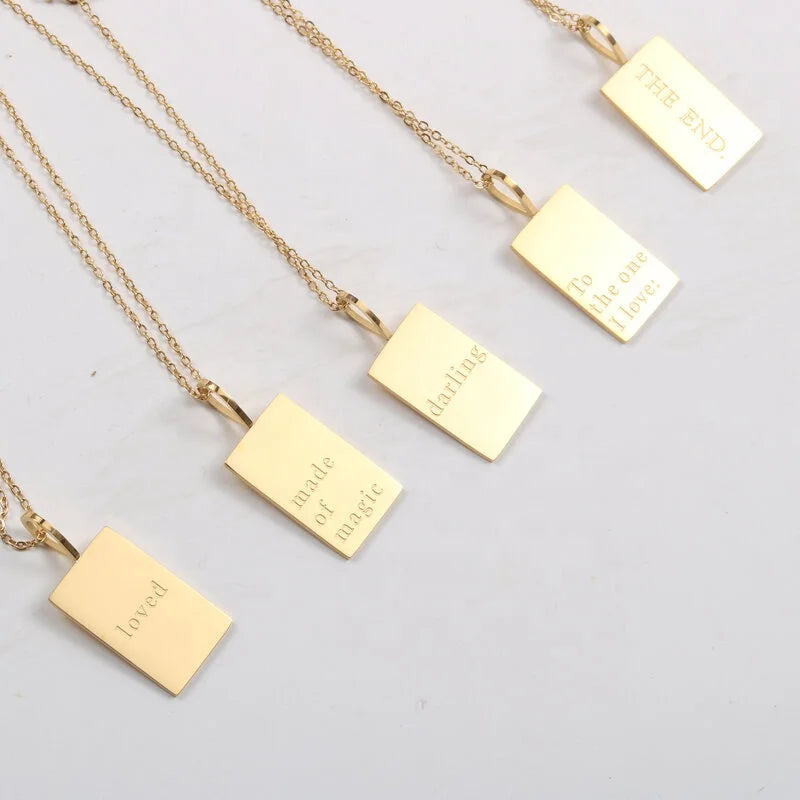 Simple Stainless Steel 18k Gold Plating Engraved Letter Square Pendant Women Necklace