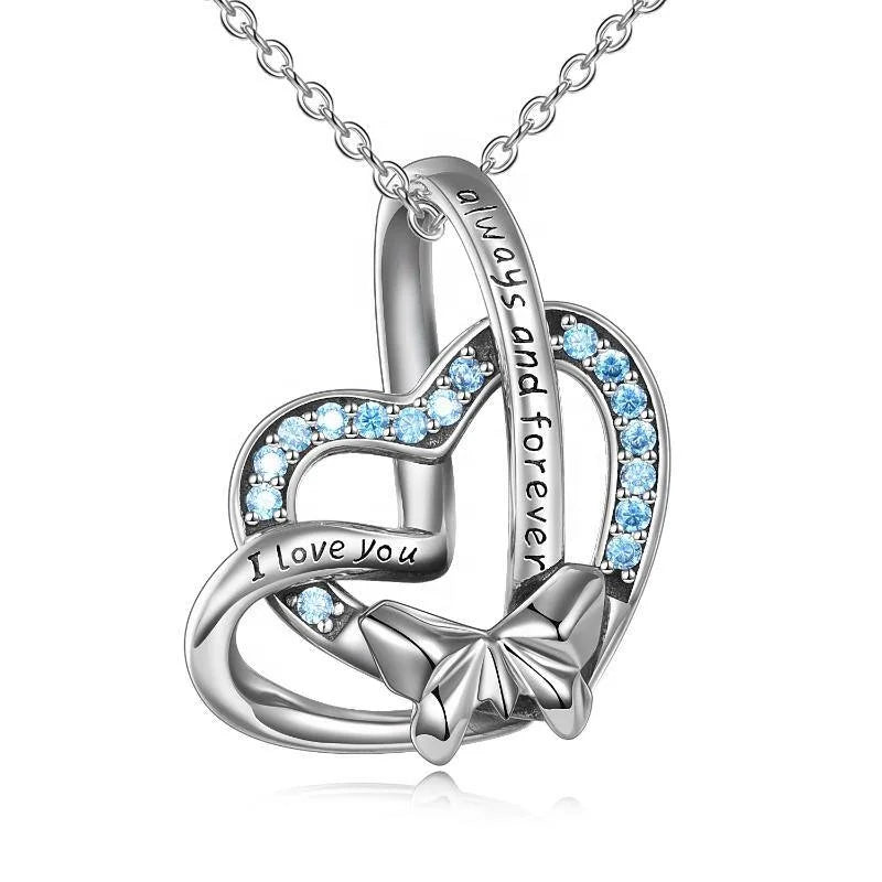 YFN Jewelry 925 Sterling Silver Butterfly Two Hearts Connected Couple Zircon Heart Pendant Necklace