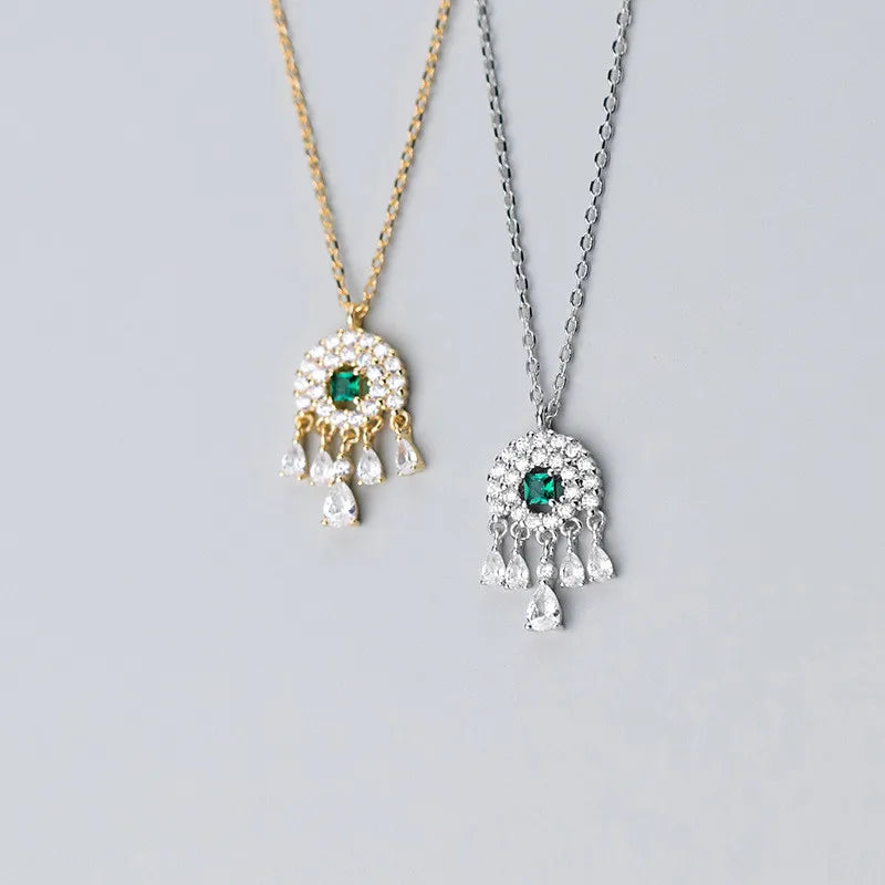 Fashion Fine Jewelry 925 Sterling Silver Geometric Round Pendant Water Drop Diamond Green Zircon Gold Plated Necklaces Women