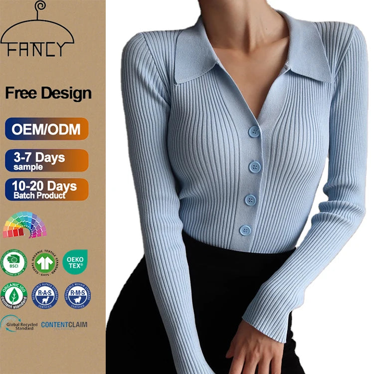 Factory Direct Autumn New Knitted POLO Collar Women Top Short Sweater Cardigan for Women