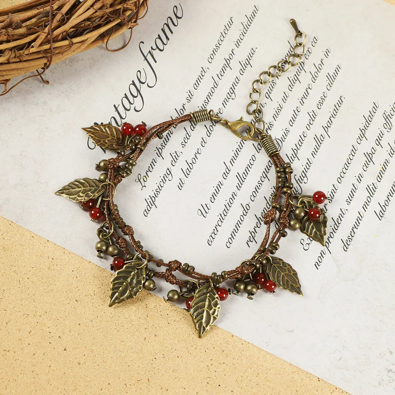Vintage Woven Multi-layer String Bracelet Adjustable Antique Bronze Alloy Leaf Charms New Arrival Antlerite Agate Gift for