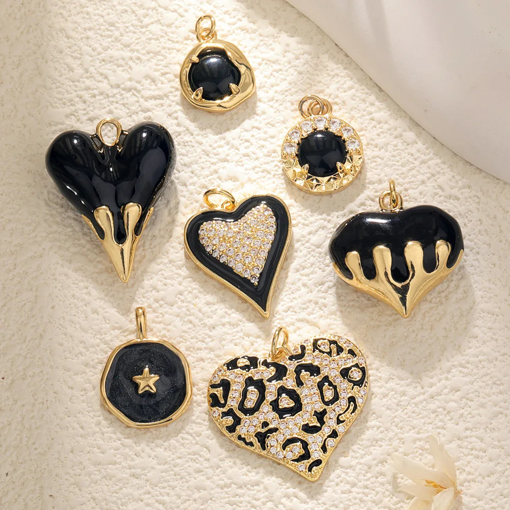 Gold Plated Leopard Print Zircon Pendants Enamel Heart Bracelet Charms Pendant for Jewelry Making Accessories for Necklace