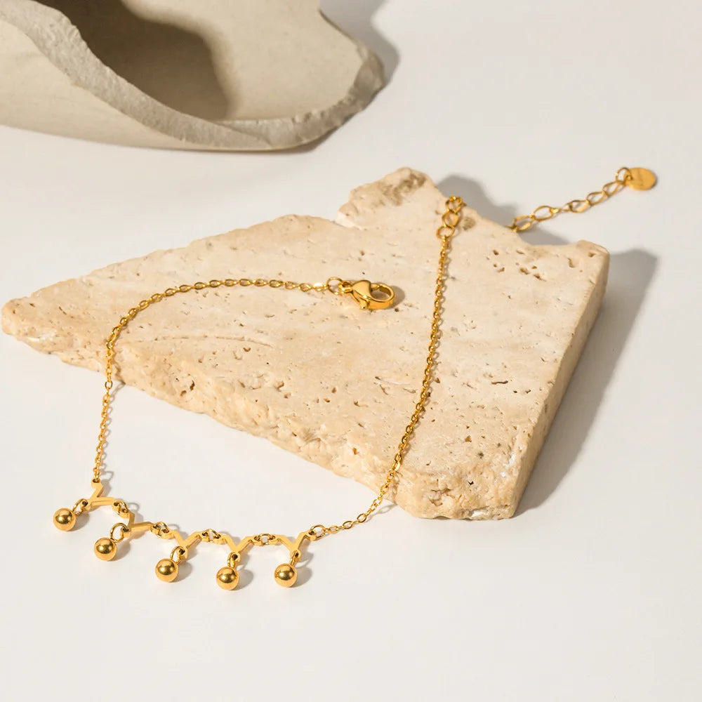 Summer 18K Gold Planted Stainless Steel Chain Anklet Small Ball Pendant Tassel Y Shaped Anklet for Women