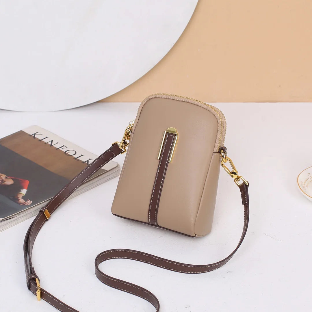 Women Small Phone Bag Genuine Cow Leather Fashion Purse Lady Crossbody Shoulder Sling Bags Contrasting Color
