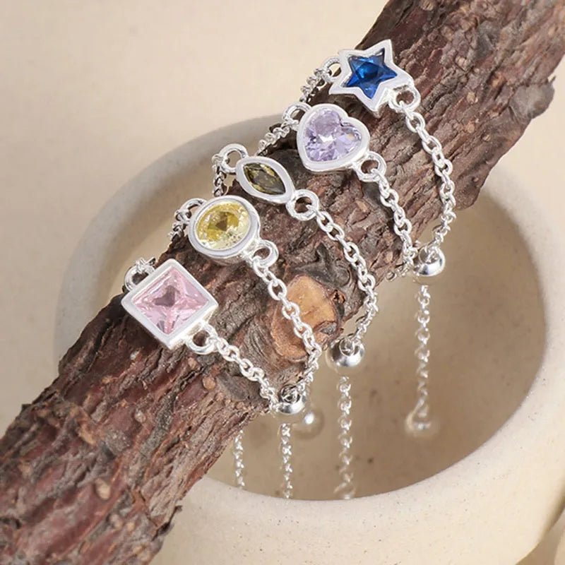 Unique 925 Sterling Silver Bezel Setting Pink Zircon Round Star Square Heart Chain Adjustable Finger Ring for Women