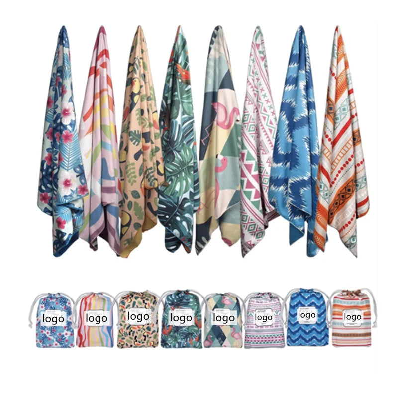 Custom Pattern Quick Dry Larger Sand Proof Microfiber Beach Towel for Vacation With Drawstring Bag