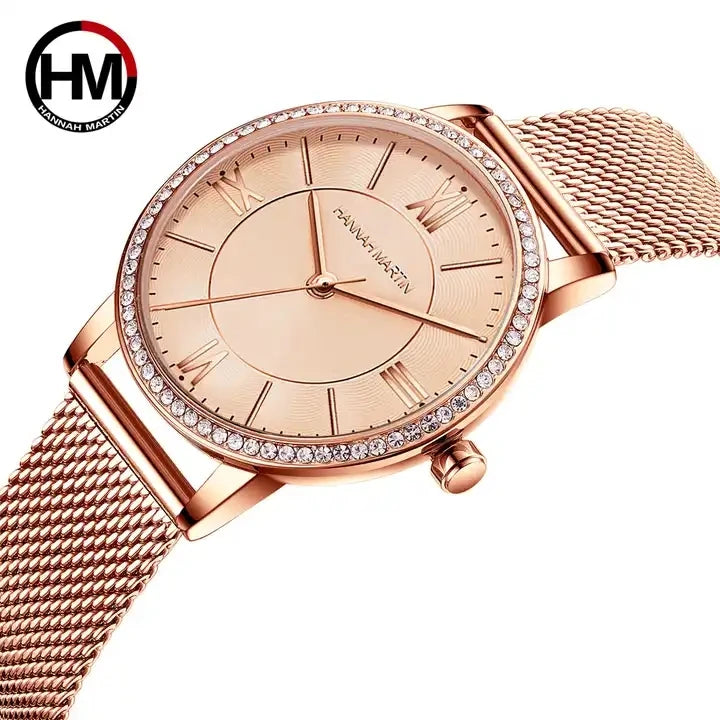 Hannah Martin Luxury 1072 Women's Stainless Steel Quartz Wrist Watch Diamond 16mm Band Ladies Bracelet Business Style Made Alloy