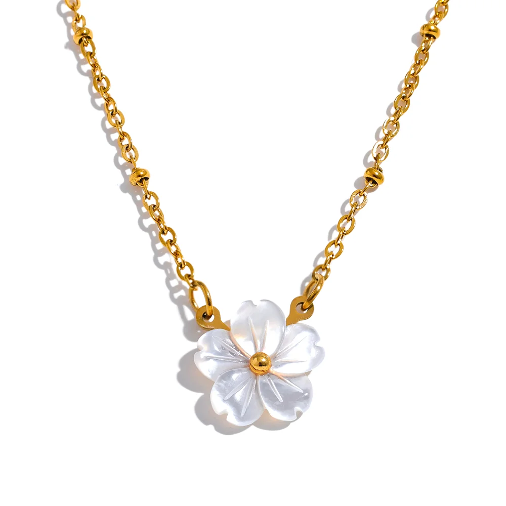 JINYOU 1149 Chic Fashion Natural Shell Flower Pendant Necklace Gift Stainless Steel Exquisite Chain Gold Premium Jewelry Bijoux