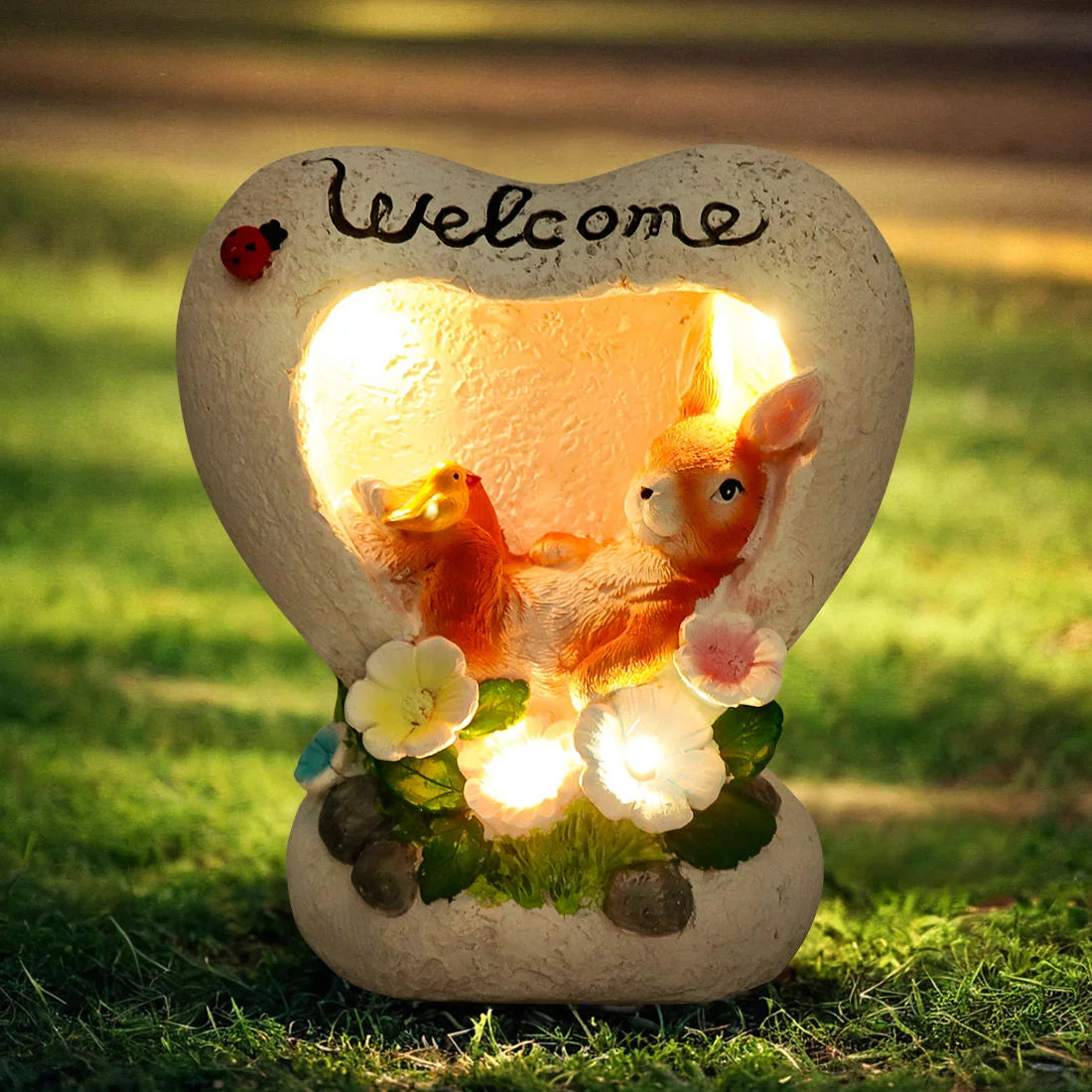 Heart-shaped Bunny Hand-painted Solar Light Resin Garden Ornaments Welcome Inscription Flower Detail Holiday Outdoor Decor