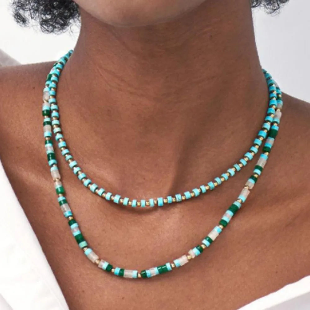 Handmade Natural Stone Tube Rice Bead Brass Beads Beaded Knotted Necklace Jewelry for Women