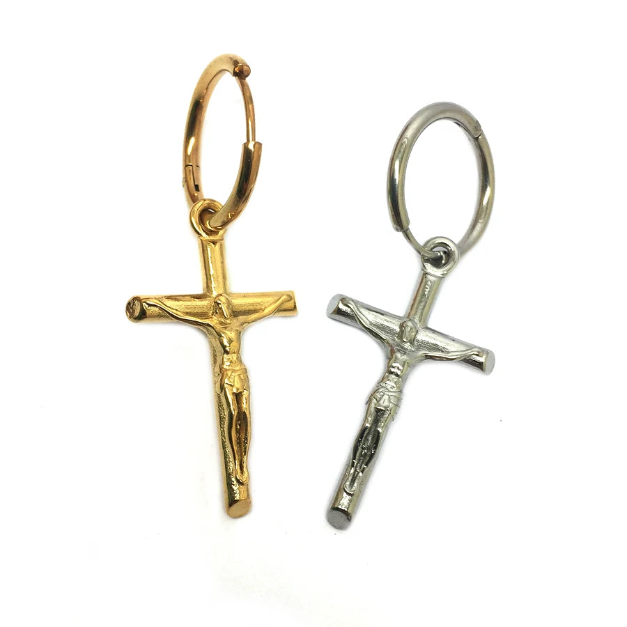 Fashion Women Crucifix Huggie Earring Stainless Steel Jewelry Gold Plated Jesus Pendant Cross Hoop Earrings