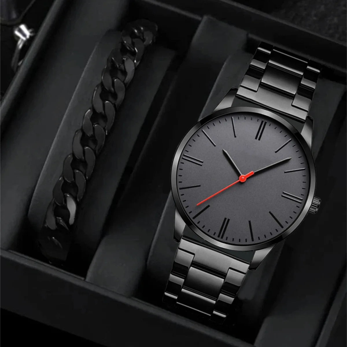 2 Pcs/Set Men Stainless Steel Watch Luxury Calendar Quartz Wrist Watch Business Watches Man Clock Male Bracelet With Wristwatch