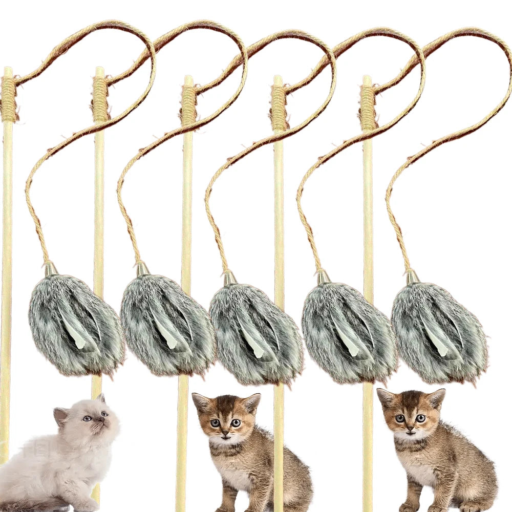Cat Toys Wood Sticks Teaser Wand Interactive Feather Toy Natural With Rabbit Fur Plate Tail Fasion HY Pet Toys Rabbit Ear Dyed