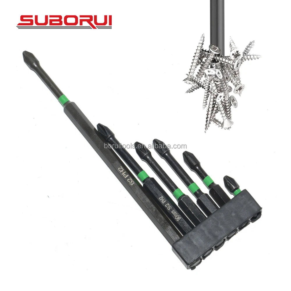 SUBORUI 6PCS Alloy Steel S2 PH2 Phillips Hex Shank Screw Driver Magnetic Screwdriver Bit Set