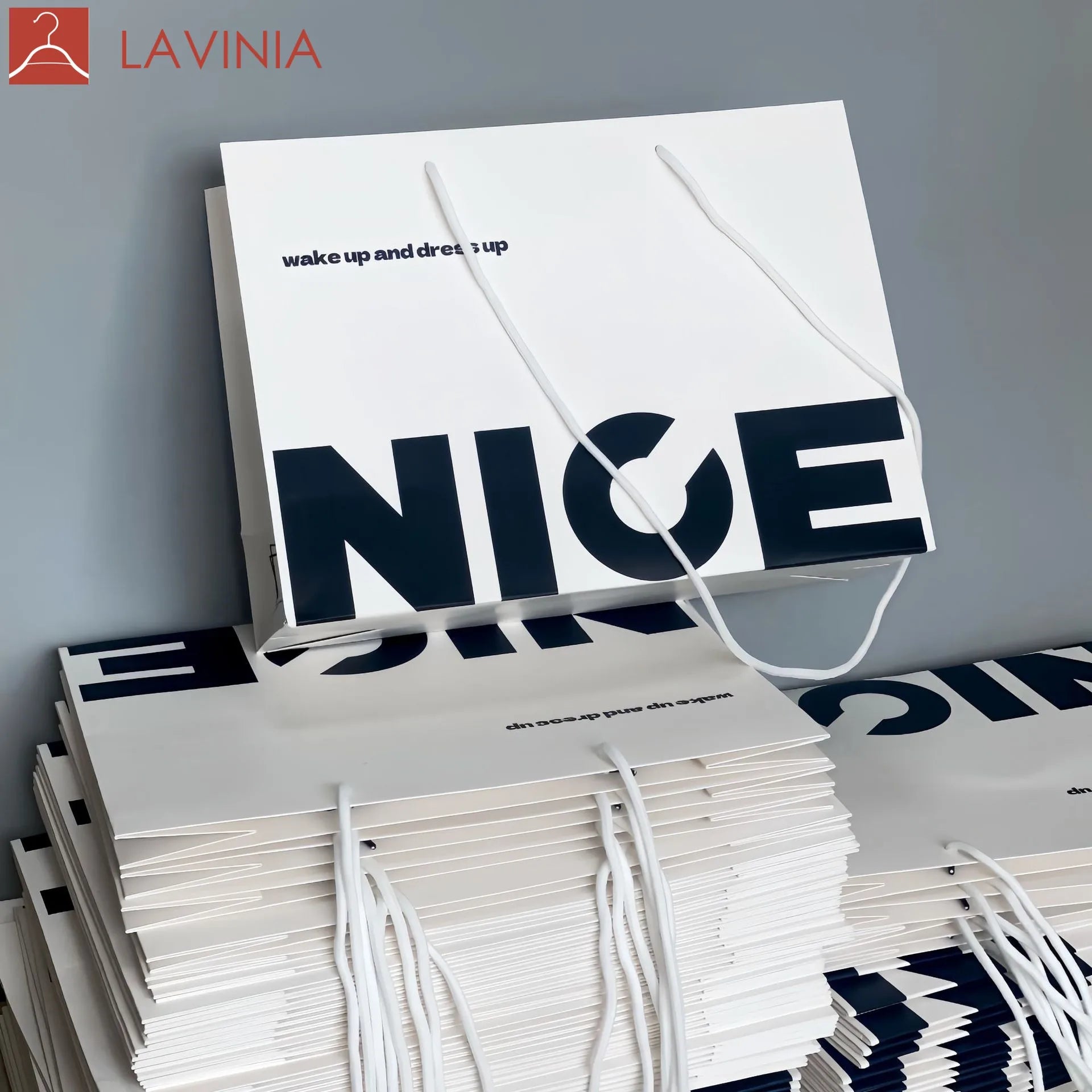 Lavinia Manufacturer Custom Print Logo Hot Stamping Square Hanging Folding Paper Bag Luxury Retail Gift Clothing Shopping Handle