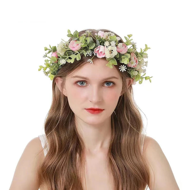 New Design Eucalyptus Leaf Green Silk Flower Headband Tea Bag Flower Garland for Wedding Hair Crown Accessory