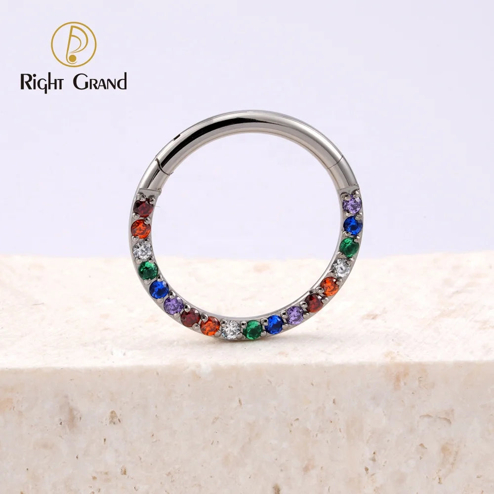 Fashion Face Piercing Jewelry Rainbow Zircon Hinged Segment ASTM F136 Titanium Nose Clicker Ring