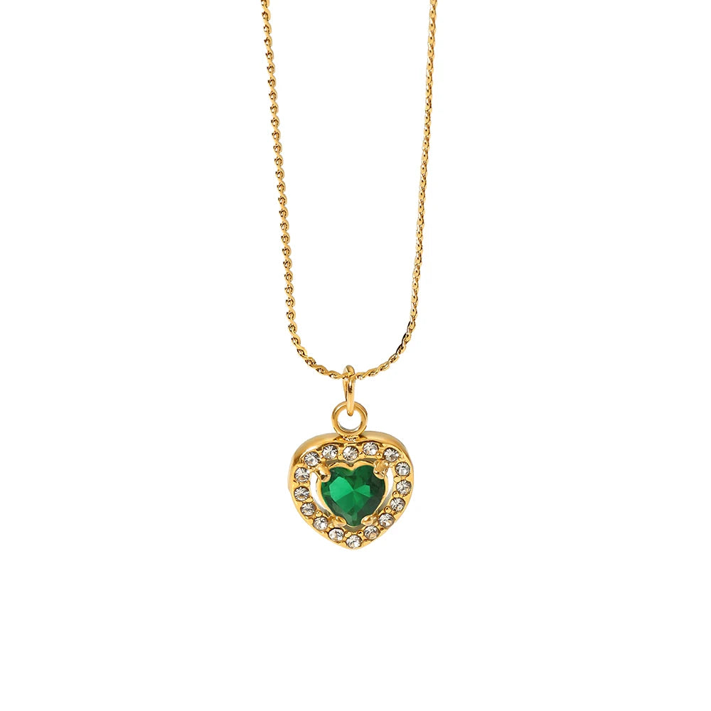 European Design Classic Stainless Steel 18K Gold Plated Not Fading Emerald Green Cubic Zircon Diamond Pendant Necklace for Women