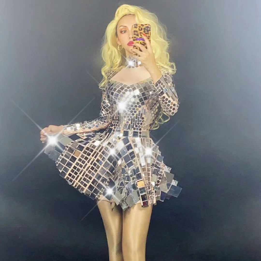 Shiny Glitter Sequin a Line Dress Women Night Club Party Short Dress Ladies Show Performance Outfit Singer Festival Clothing