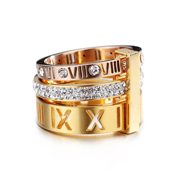 Low Cost Custom Stainless Steel Hollow Out Roman Numeral Stack Rings Jewelry Women