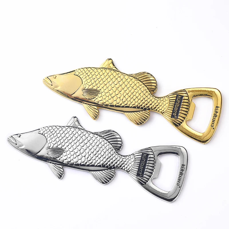 Wholesale Custom Zinc Alloy 3D Gold-Plated UV Printed Fish Refrigerator Magnets with Bottle Opener Souvenir