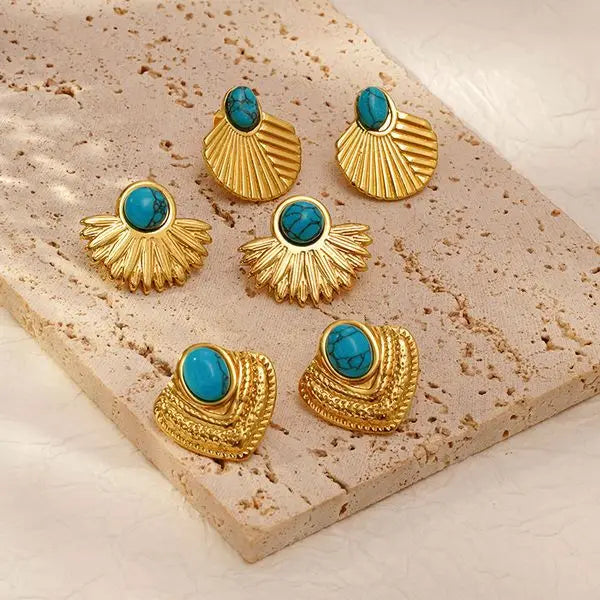 Western 3 Paris Pack Stainless Steel Pvd Gold Plate18k Anti Tarnish Natural Turquoise Stone Beads Stud Earring Jewelry Women