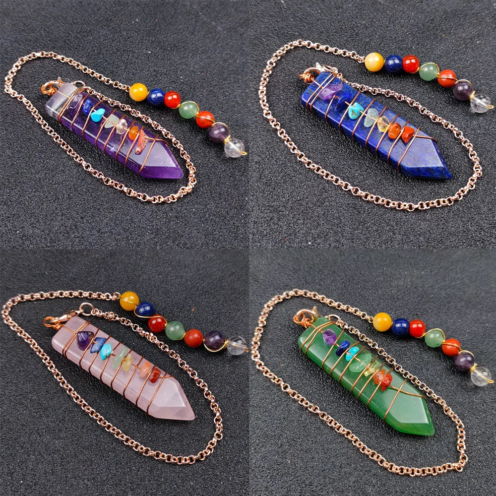 Natural  Crystal Reiki Healing Stones Folk Crafts Arrowhead Seven Chakra Wiring Pendant for Meditation