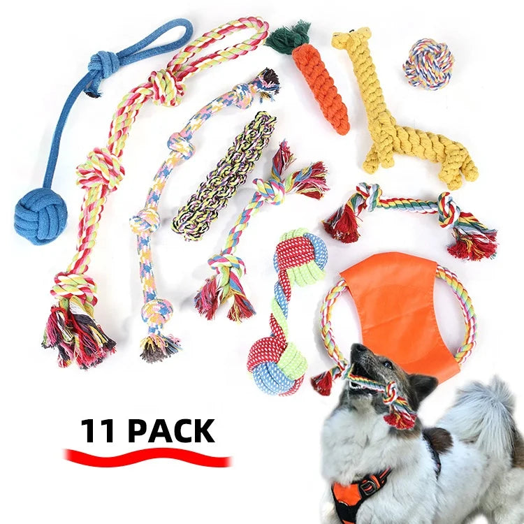 Best Indestructible Tough Squeaker 10 Pcs Gift Set Braided Ball and Cotton Bone Rope Small Pet Dog Chew Toy Knot for Puppies