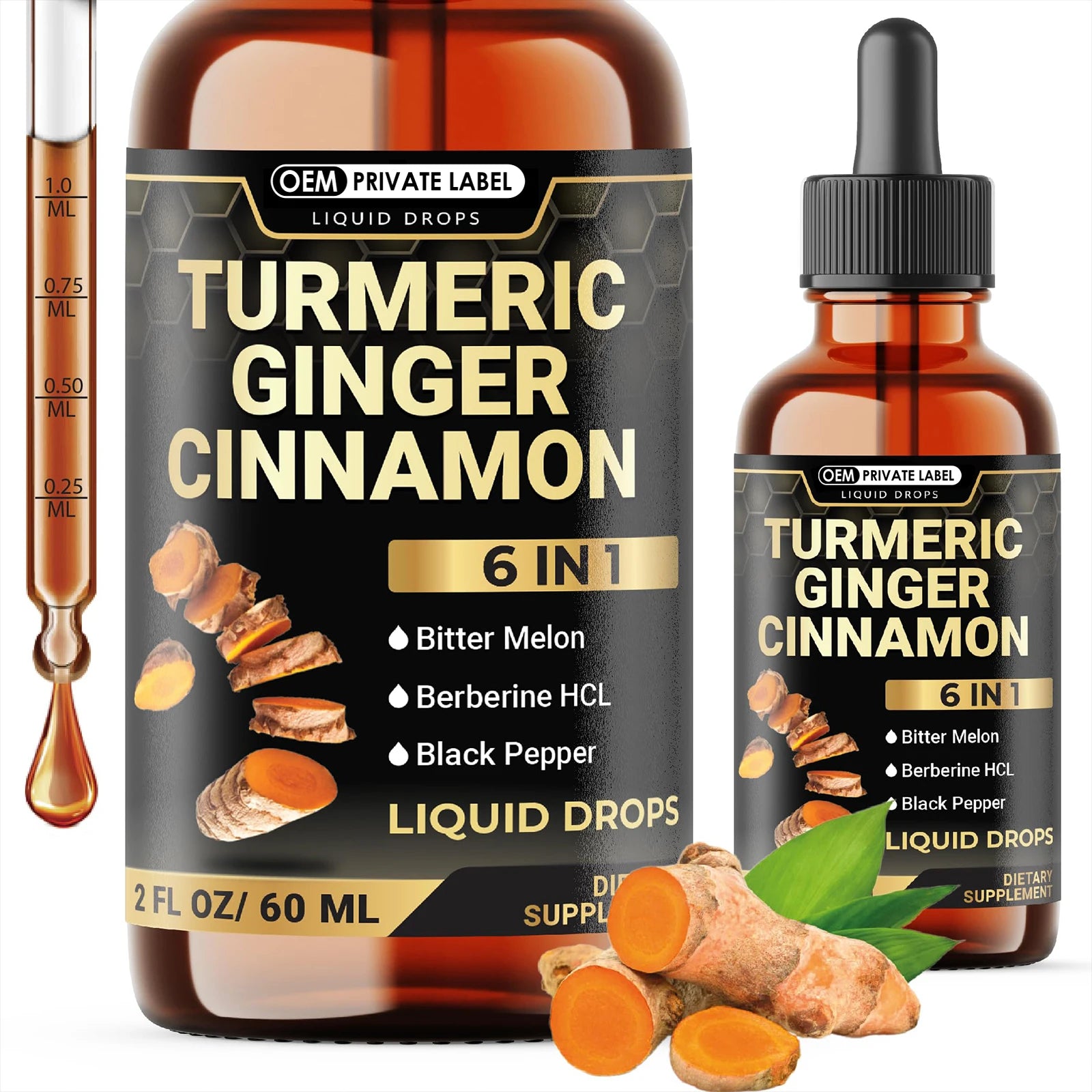 6 in 1 Liquid Turmeric Curcumin with Ginger Berberine Extract Ceylon Cinnamon Bitter Melon Black Pepper Drops for Joint Support