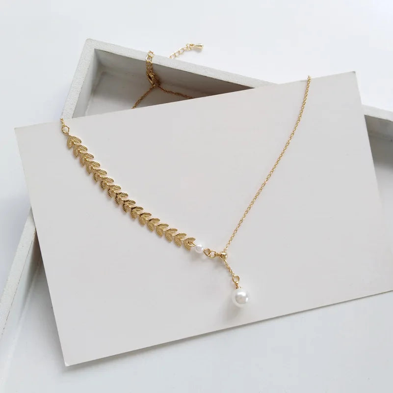 Wheat Leaves Necklace Freshwater Pearl Necklace Freshwater Pearl Necklace Bracelet Stainless Steel Jewelry Gift for Women Girls