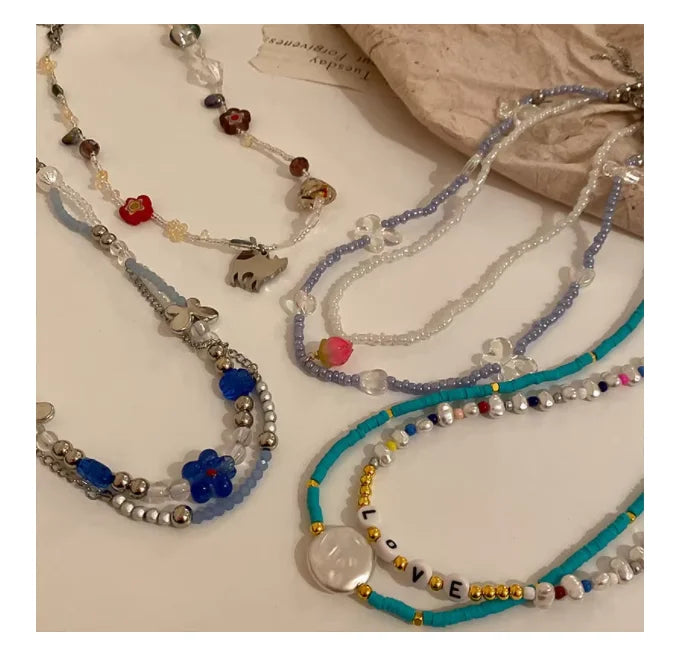 FS Bohemia Geometric Beaded Necklace Multicolor Flower Leaf Heart Smiling Face Letter Strawberry Butterfly Measle Anniversary