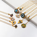Trendy Blue Rhinestone Crystal Turquoise Heart Round Necklace Gold Plated Necklace Stainless Steel Evil Eye Necklace