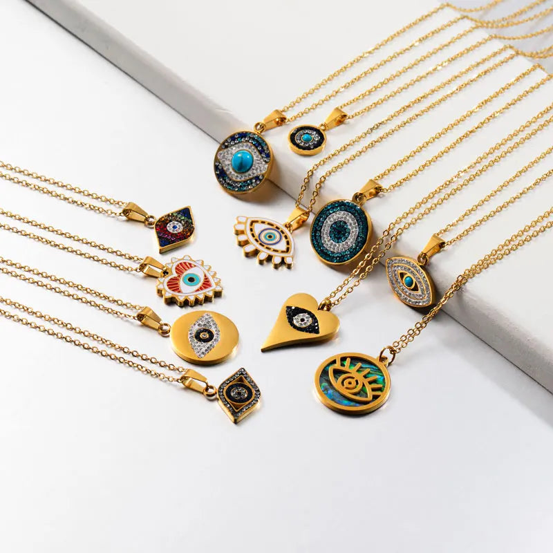 Trendy Blue Rhinestone Crystal Turquoise Heart Round Necklace Gold Plated Necklace Stainless Steel Evil Eye Necklace
