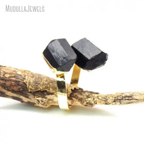RM16591 Natural Gemstone Black Tourmaline Free Form Adjustable Finger Rings Gold Plated Bohemian Chic Cocktail Jewelry Gift