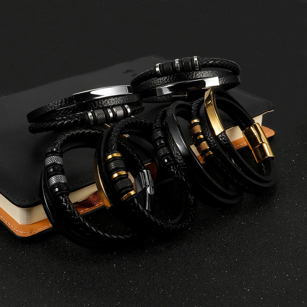 Gold Plated Luxury Stainless Steel Beaded Bracelet Fashion Men's Jewelry Classic Multilayer Braided Leather Bracelet