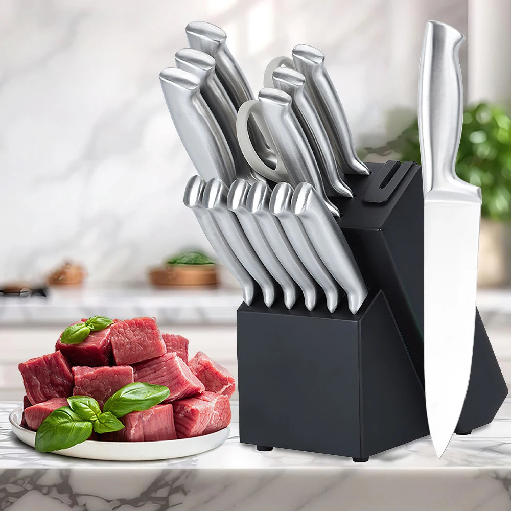 14-Piece Kitchen Knife Set Stainless Steel Hollow Handle Super Sharp Chef Knife with Black Wood Block Built-in Sharpener