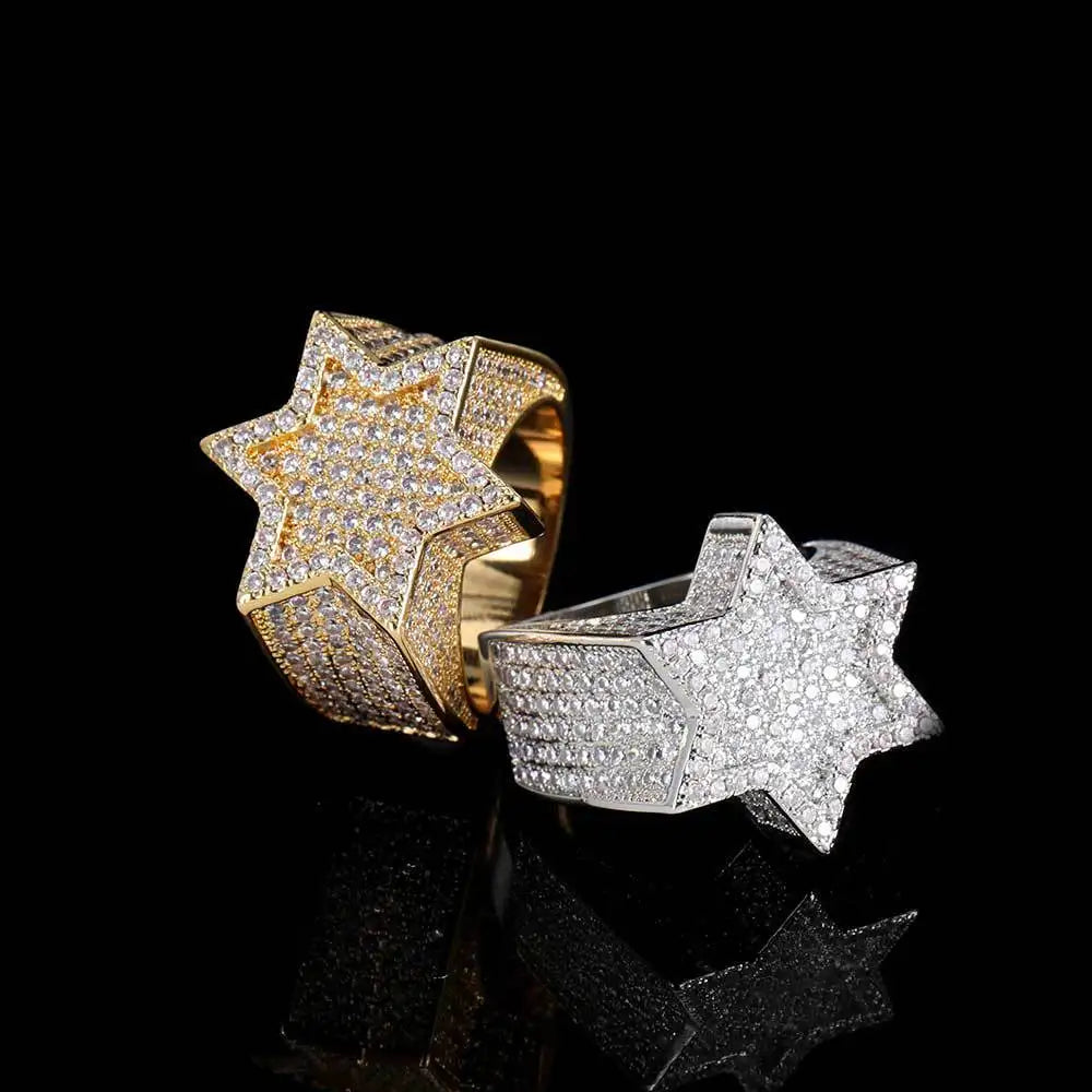 VEROMCA Micro Paved Hexagonal Star 3A CZ Stone Ring Hip Hop Style Copper Jewelry for Men Women