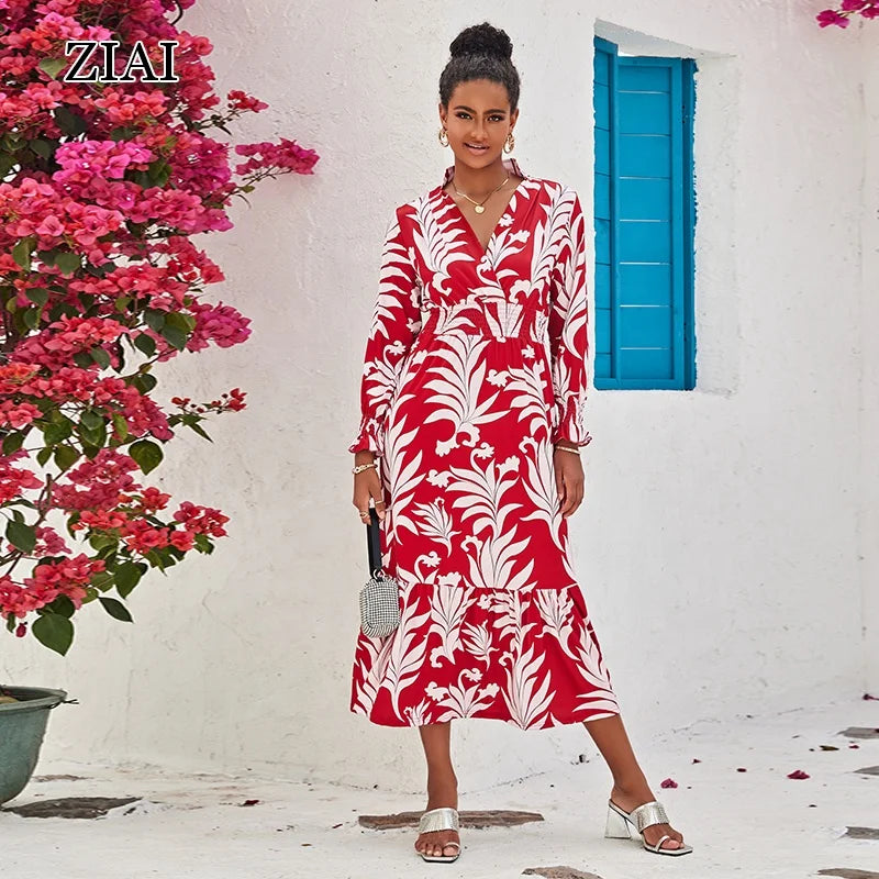 Summer Bohemian Dress Women's Printed Long Sleeve Swing Dress Neck Waist Pullover
