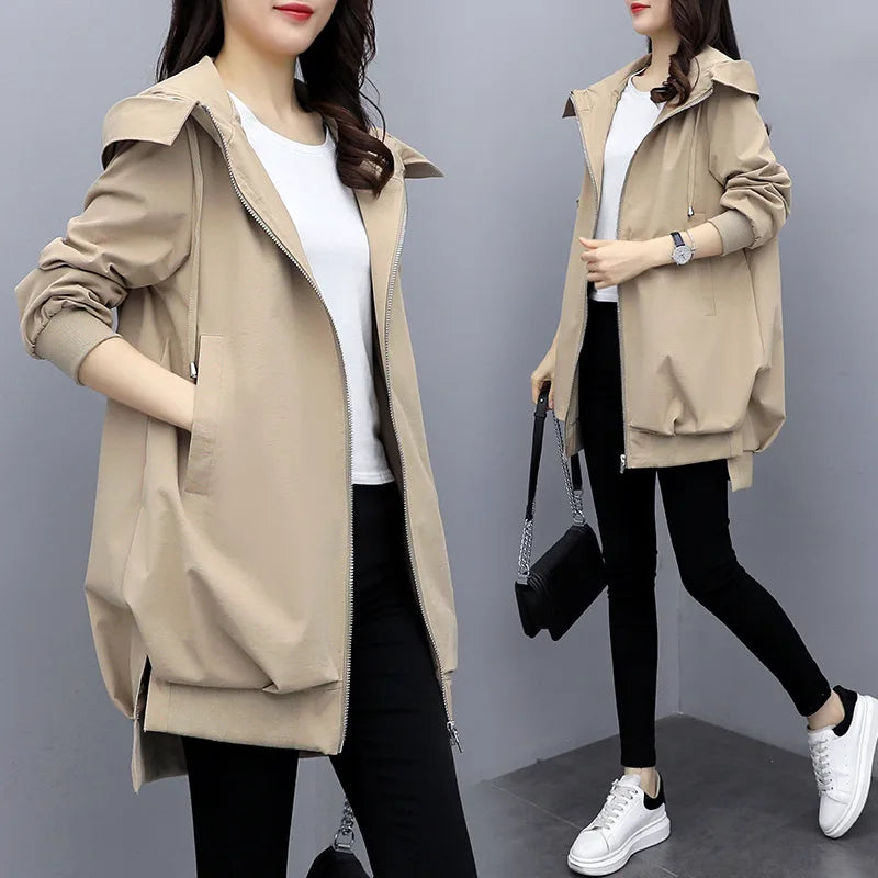Women's Windbreaker Mid-length Spring and Autumn New Korean Version Casual Temperament Black Loose Hooded Fashion Coat
