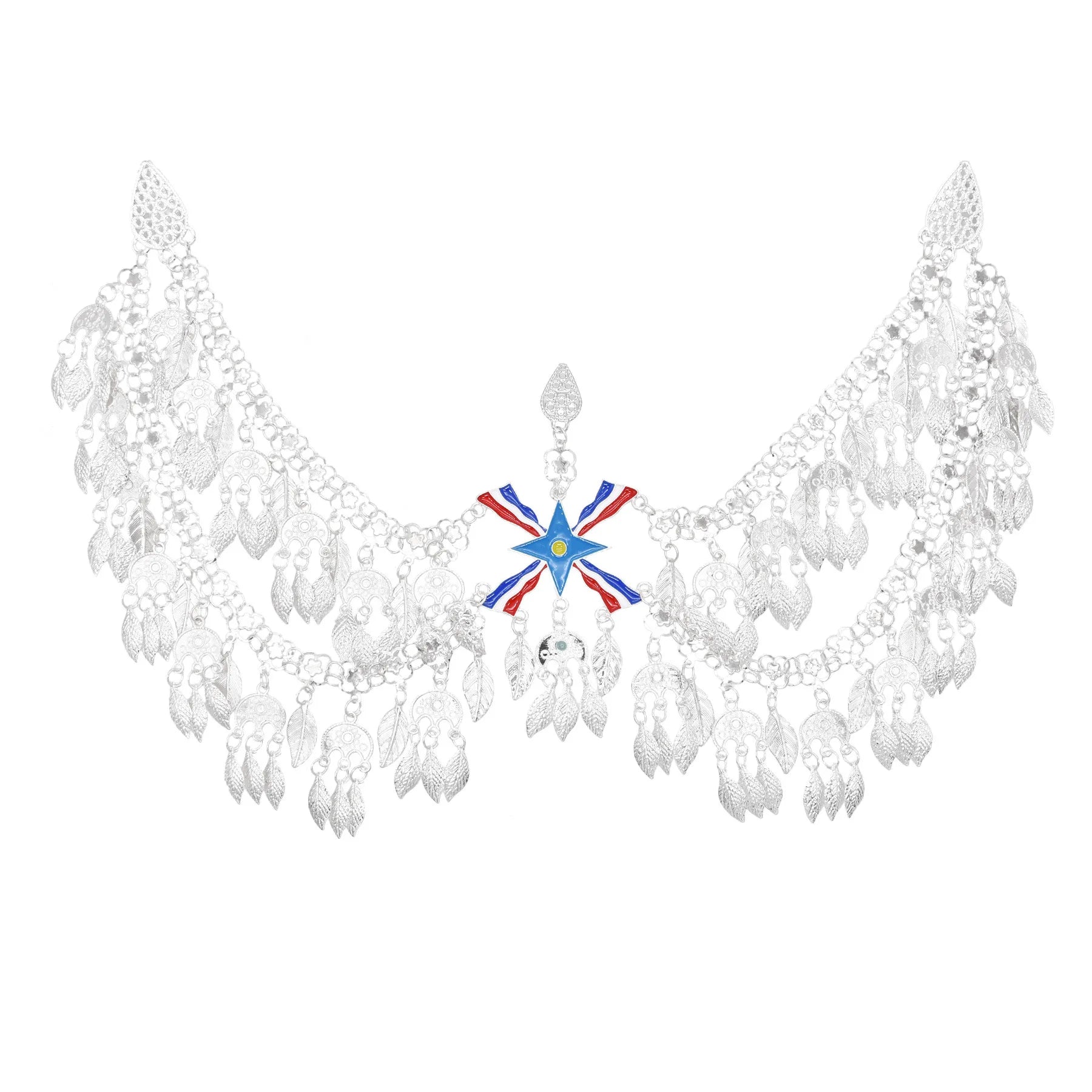 Assyrian Flag Maang Tikka Headband Silver Metal Leaves Tassels Hairband Head Chain Headwear Accessories