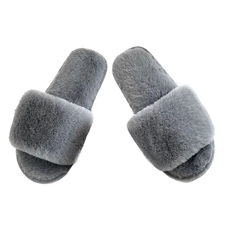Japanese Indoor Home Simple Fashion Non-slip Fur Upper Men and Women Couples Candy Colour Home Winter Slippers One Strap