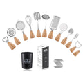 Manjia Stainless Steel Kitchen Gadget Set Wooden Handle Can Opener Pizza Cutter Garlic Press Ice Cream Scoop Vegetable Peeler