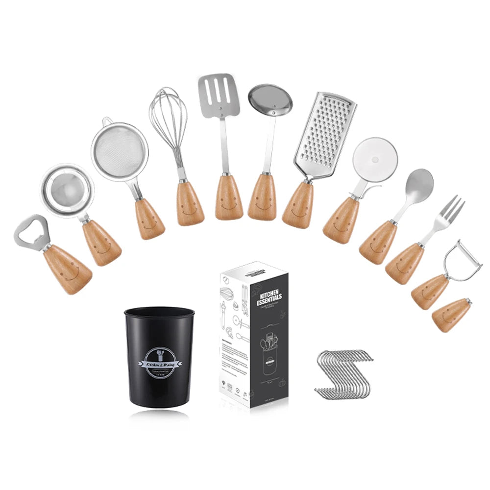 Manjia Stainless Steel Kitchen Gadget Set Wooden Handle Can Opener Pizza Cutter Garlic Press Ice Cream Scoop Vegetable Peeler