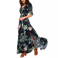 New Bohemian Retro Style Print Beachwear V-neck Loose Long Cotton Spandex Floral Dress for Ladies