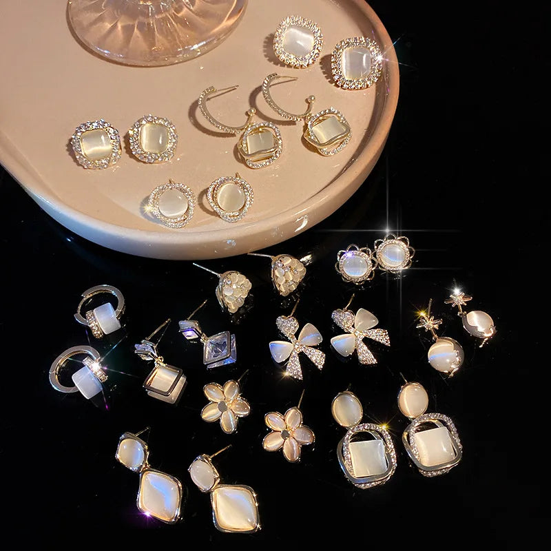 S925 Silver Needle Vintage Opal Earrings Light Luxury Ear Drop Women Rhinestone Earring 925 Silver Needle Crystal Earring
