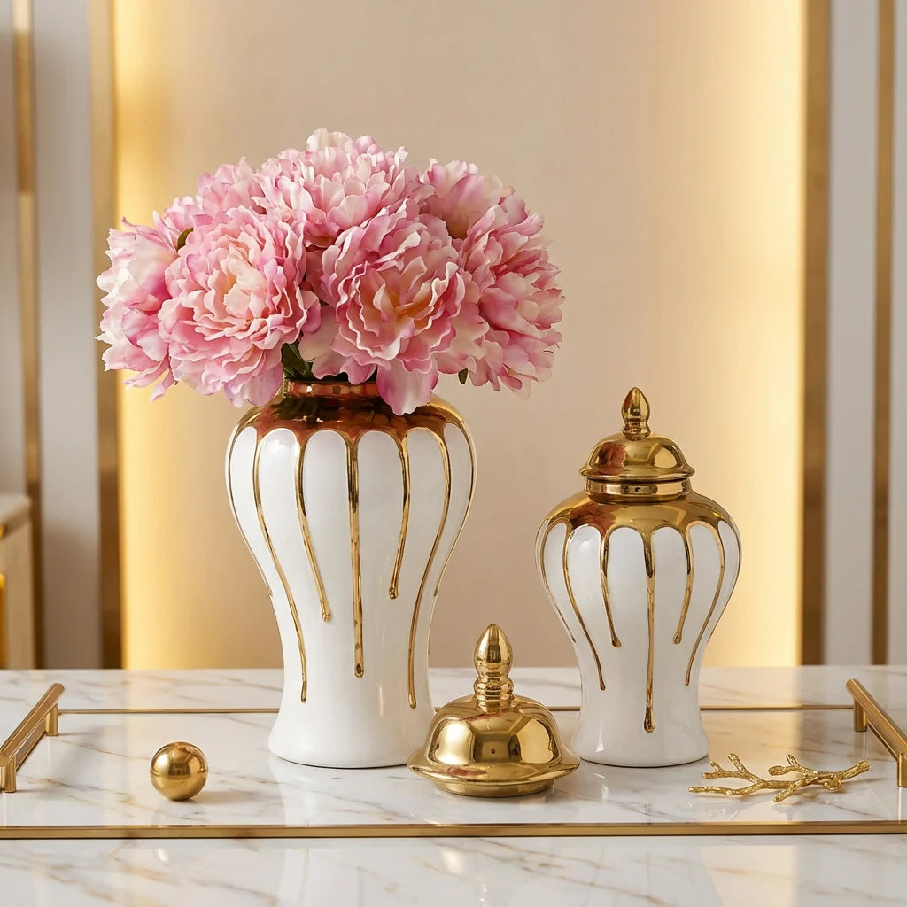 Modern Gold-plated Ceramic Tabletop Vase with Ginger Jar Design Table Flower Vase 8-12in Width 16-24in Height