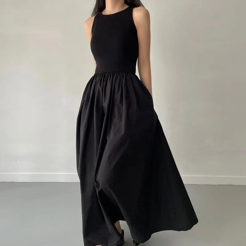 Wholesale Korean Chic Summer Elegant Retro Round Neck Waist Slim Stitching Pleated Large Swing Type Sleeveless Casual Dress