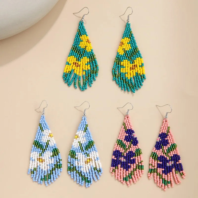 Bohemian Flowers Seed Beads Earrings Ethnic Handmade Weaving Tassel Pendant Earrings for Women Jewelry Wholesale