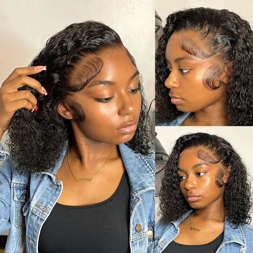 Brazilian Short Bob 13x4 Lace Frontal Human Hair Wigs Water Wave Natural Color Transparent Lace Front Curly Wig for Women